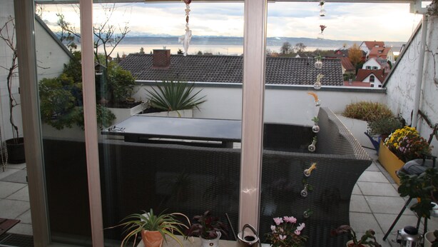 A conservatory with a view of a town, featuring a glass ceiling, potted plants, and a water feature.