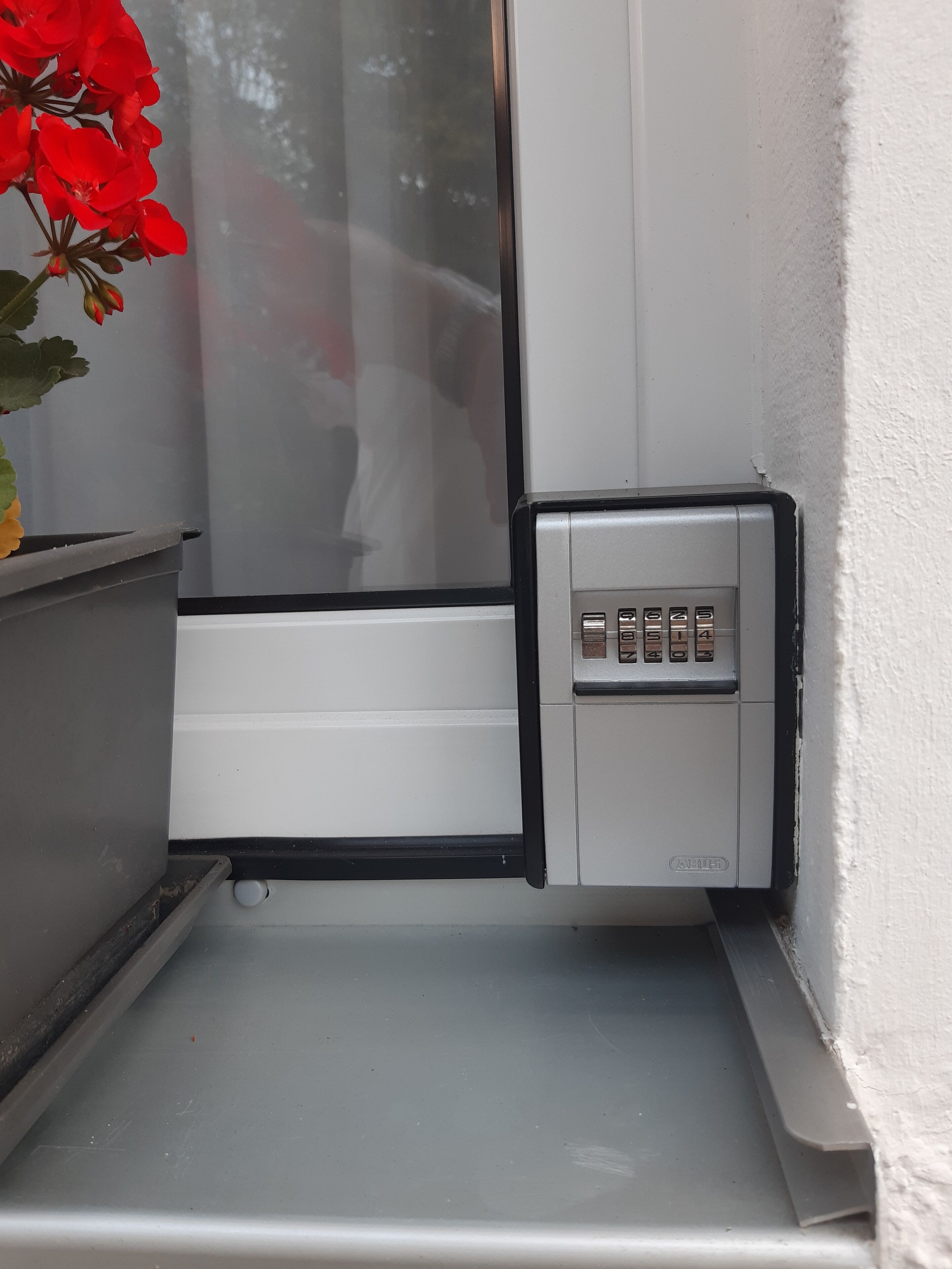 A small, enclosed space with a door, a keypad lock, and a potted plant with red flowers.