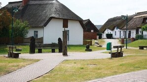 A traditional village setting with thatched-roof cottages, a paved walkway, and benches.