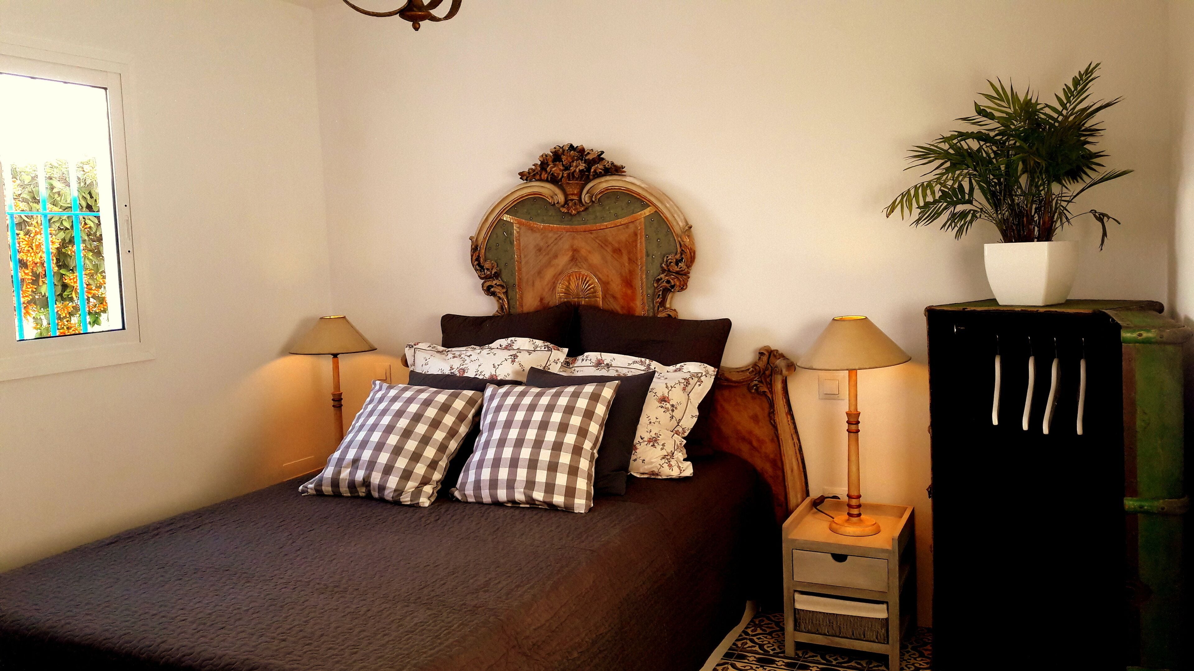 A neatly made bed with a checkered pillow set, two bedside lamps, a decorative headboard, a small bedside table, and a potted plant.