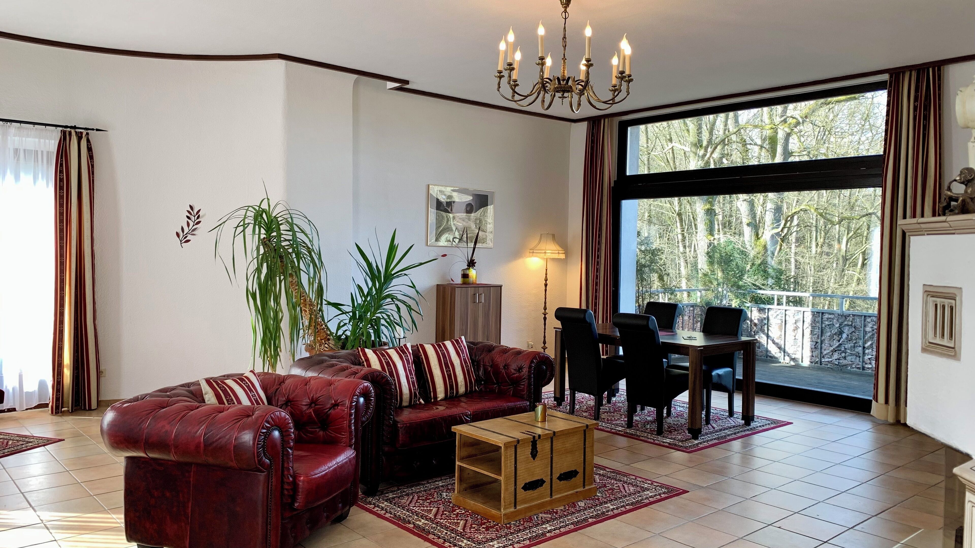 Smart-tv, eldstad och böcker