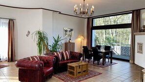 Smart TV, fireplace, books