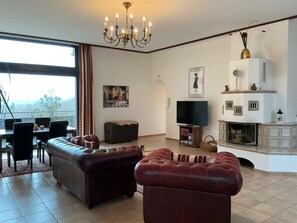 Smart TV, fireplace, books