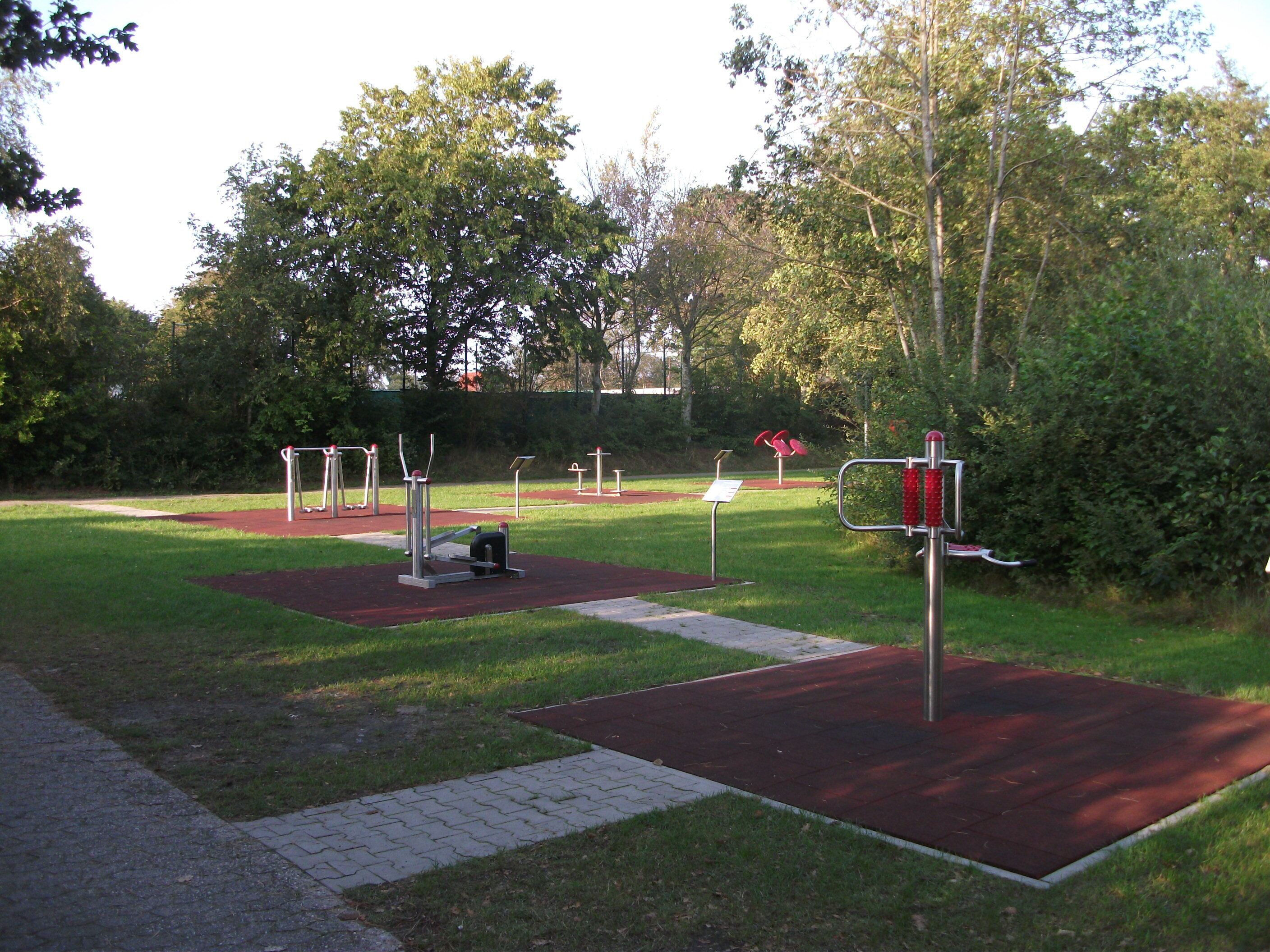 Ein Trainingsbereich im Freien mit verschiedenen Fitnessgeräten, umgeben von Gras und Bäumen.