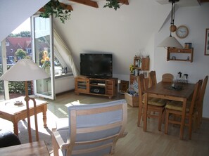 Televisión, reproductor de DVD, libros y estéreo