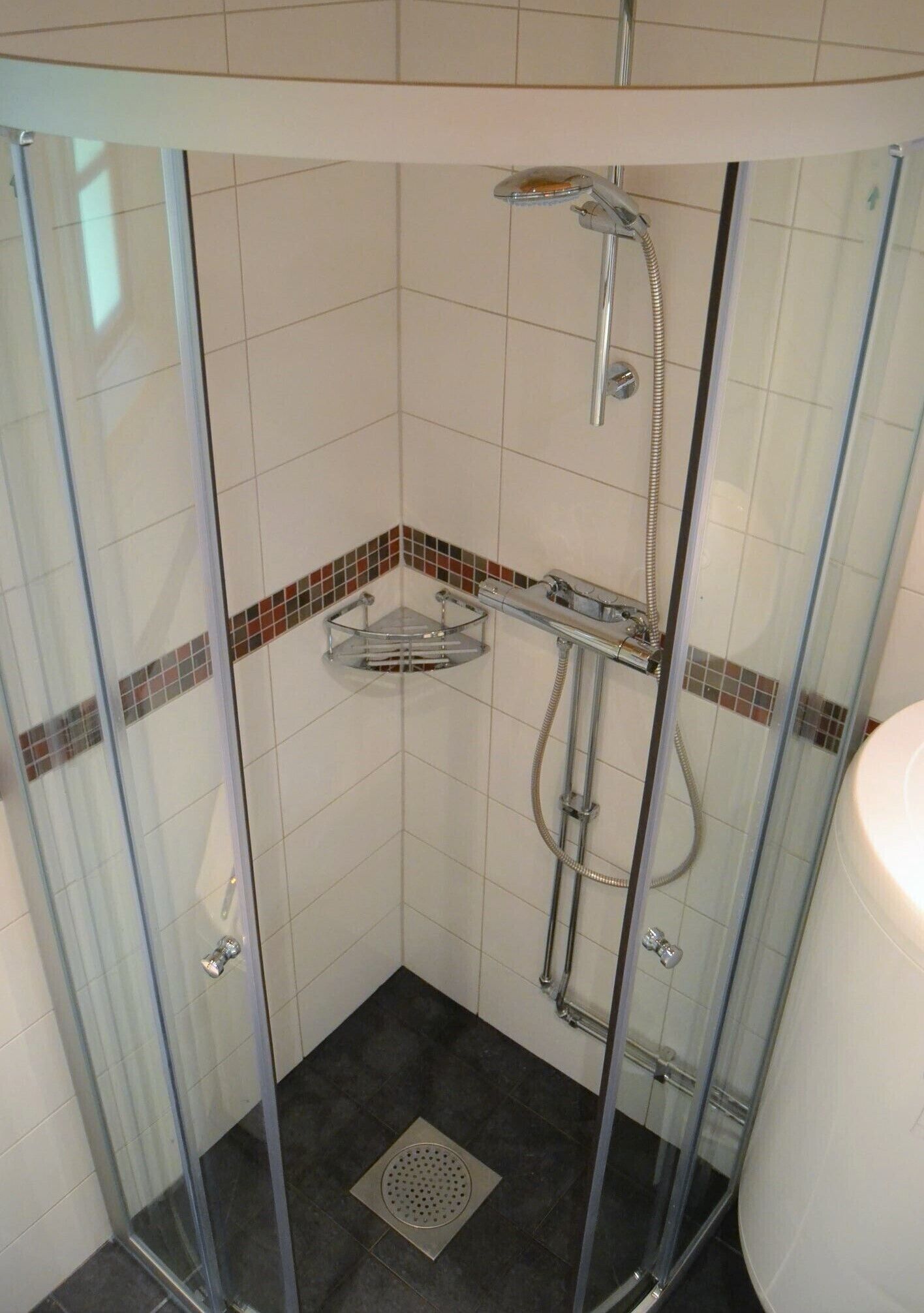 Shower, hair dryer, soap, toilet paper