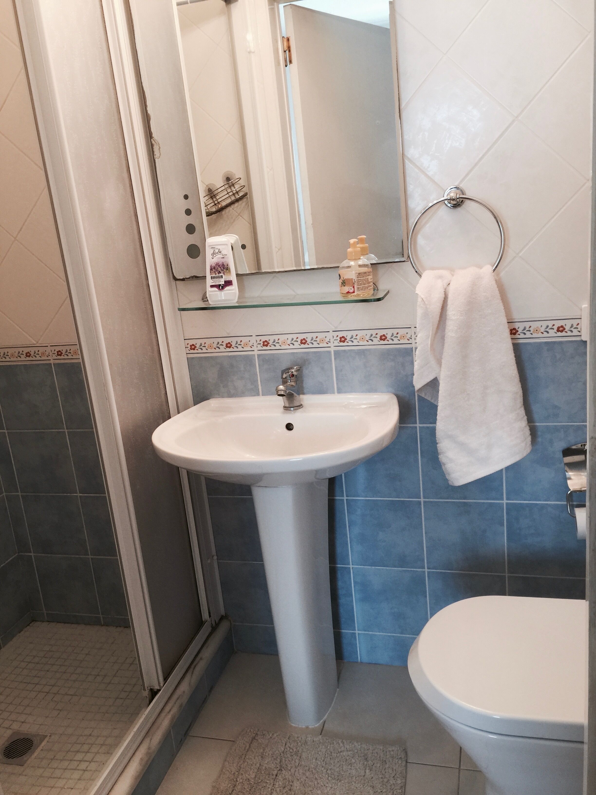 Une salle de bain avec un lavabo blanc, des toilettes et une douche à parois de verre.