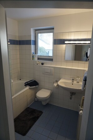 Combined shower/bathtub, hair dryer, towels, soap