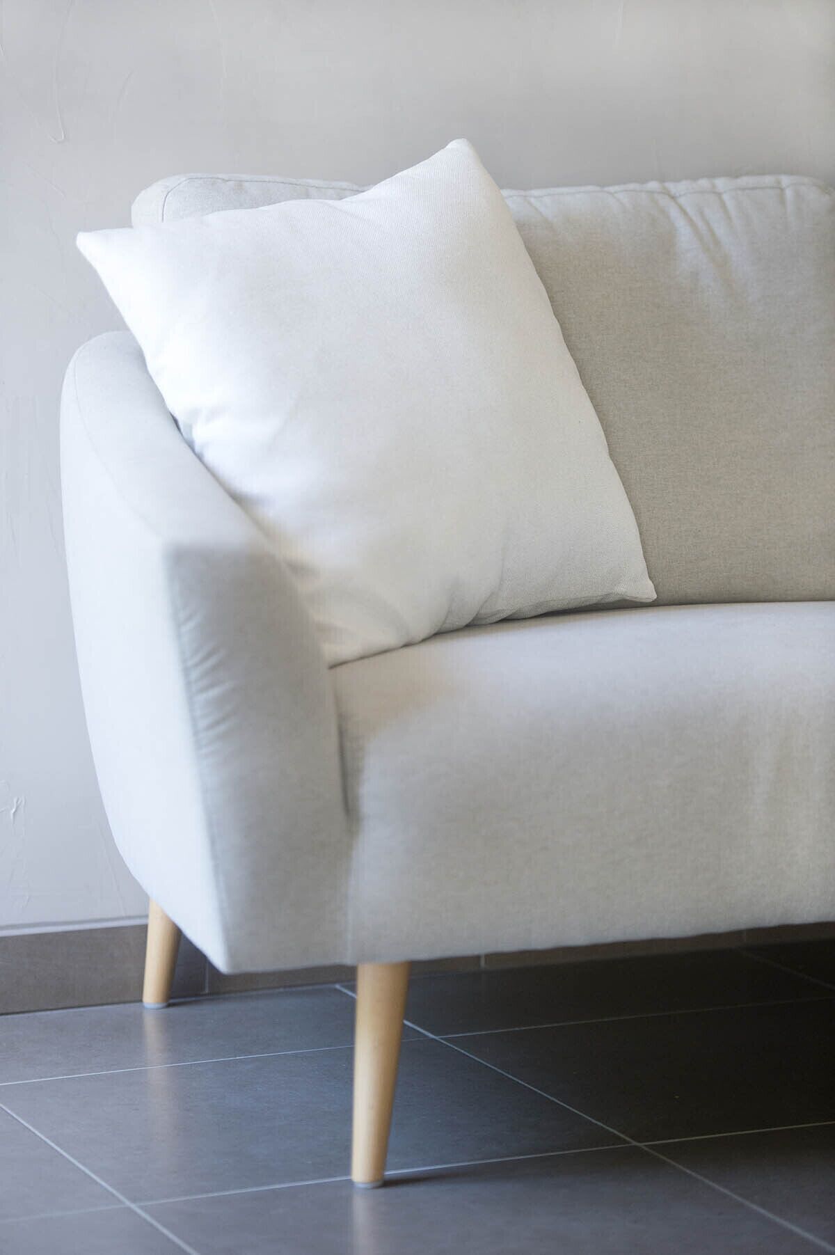 Un canapé gris clair, doté de pieds en bois et d’un coussin blanc, est placé contre un mur uni.