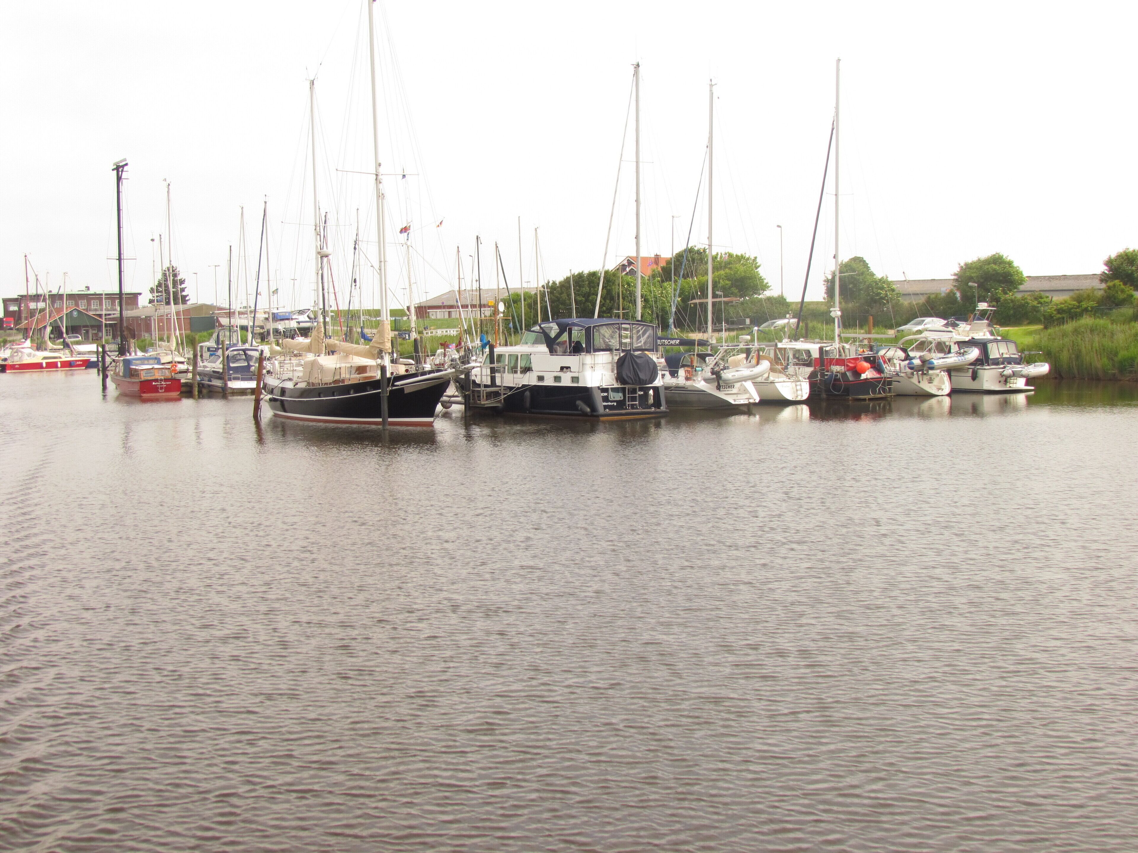 A marina with various boats docked.