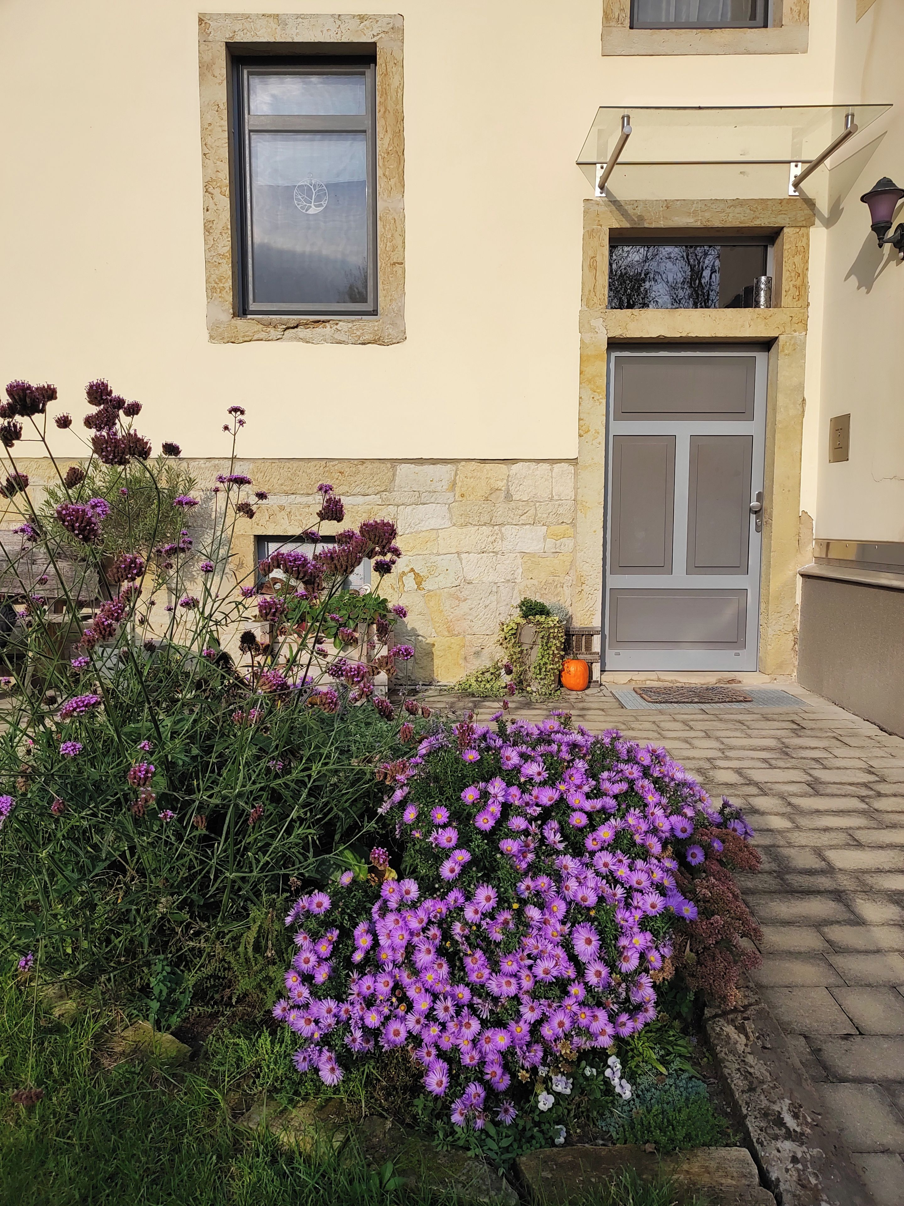 A building with a stone facade, a grey door, and a window with a curtain.