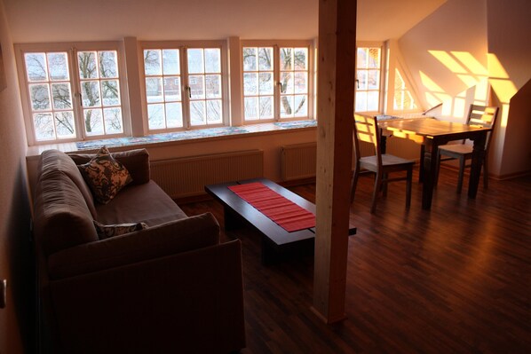 Flachbildfernseher, Kamin, Bücher, Stereoanlage