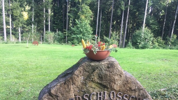 A rock with the inscription "TACDSCHLOSSCHEN" and a potted plant on top.