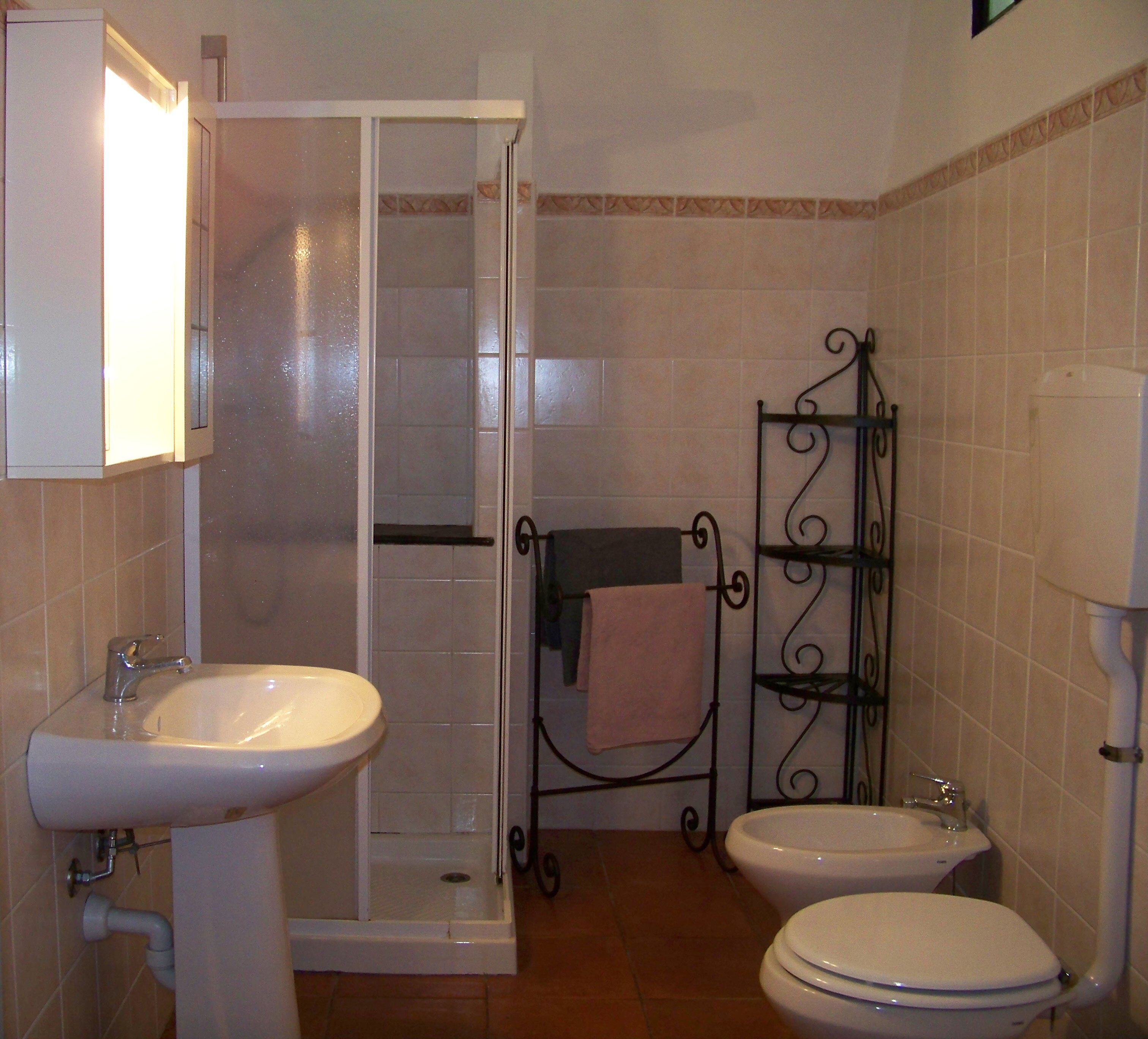 Un baño con ducha, dos lavamanos y un inodoro.