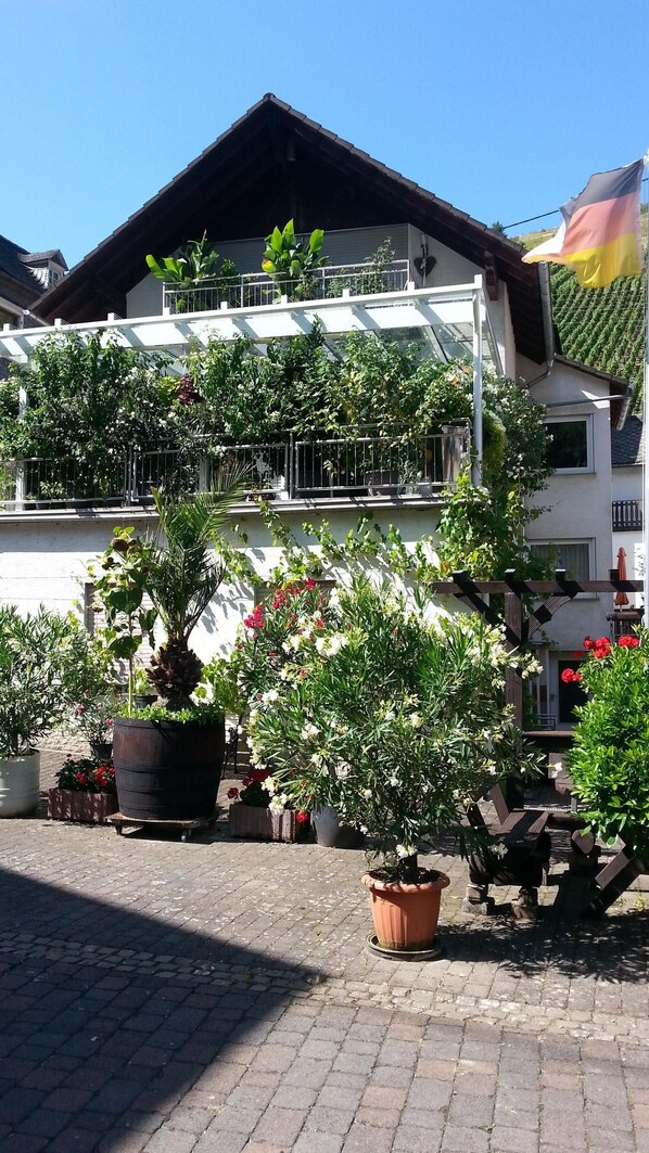 Edifici de dos pisos amb balcons, plantes en testos i una bandera.