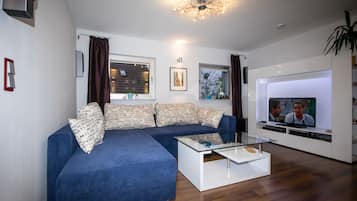 Flat-screen TV, DVD player, books, stereo