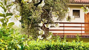 A building with a tiled roof and a wooden fence. - Apartment with air conditioning, sea view, swimming pool, Wi-Fi, quiet hill, parking. (Toscolano Maderno)