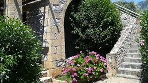 Edifici de pedra amb una pèrgola de fusta, una escalinata de pedra i flors roses.