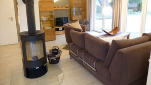 A modern living room with a sofa, a fireplace, and a television. - Holiday house of high quality and cozy, sauna, 150m to the beach, quiet natural location (Rankwitz (OT Quilitz))