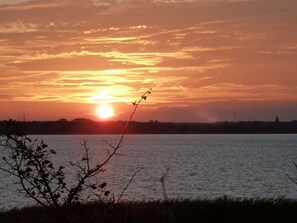 Ein Sonnenuntergang über einem Gewässer mit Baumkonturen und einer entfernten Skyline.