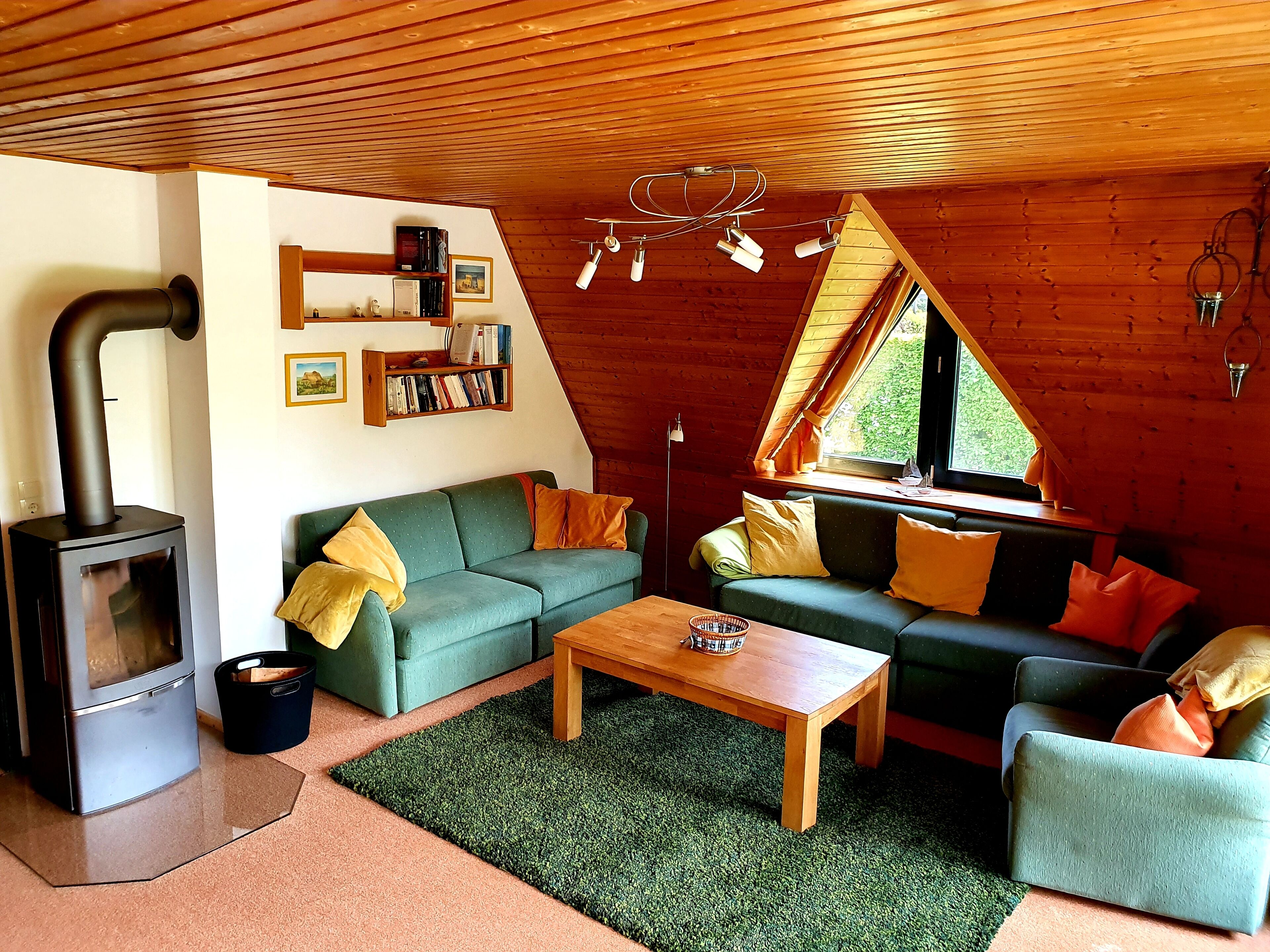 Smart TV, fireplace, books, stereo