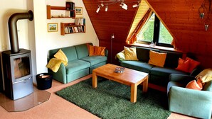 A cozy cabin interior with a wood-burning stove, a green sofa, a wooden coffee table, and a bookshelf. - Family-friendly holiday house with large garden and great features (Butjadingen-Burhave)