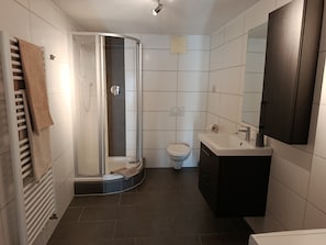 Douche, séchoir à cheveux, serviettes fournies, savon