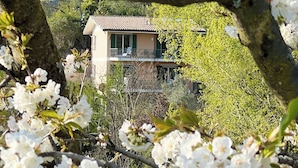 A two-story building with a balcony, surrounded by trees and blooming flowers.