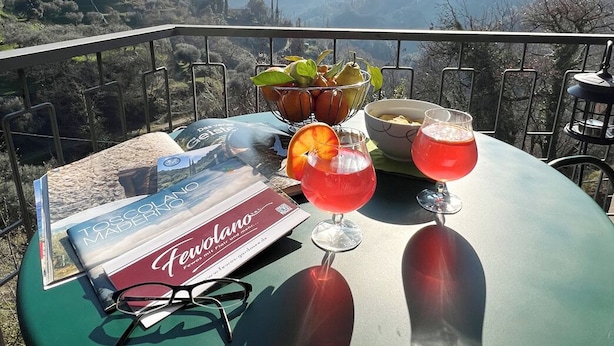 Ein Tisch mit einer Zeitschrift, einer Obstschale und zwei Gläsern roter Flüssigkeit auf einem Balkon mit schöner Aussicht.