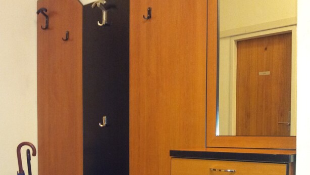 A room with a wooden wardrobe, a mirror, and a vase with an umbrella. - Apartment city center (Wien)