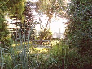 Un banc en bois, entouré d’herbes hautes et d’arbres, dans un jardin.