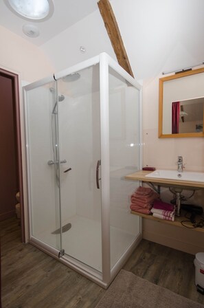 Shower, hair dryer, towels, toilet paper