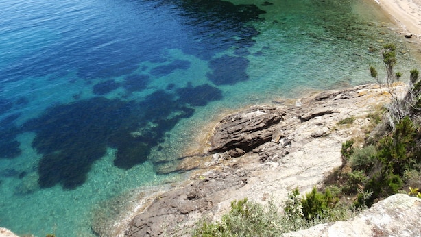 Un paysage côtier caractérisé par une eau claire, des rivages rocheux et une végétation clairsemée.