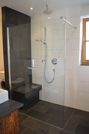 Douche, séchoir à cheveux, serviettes fournies, savon