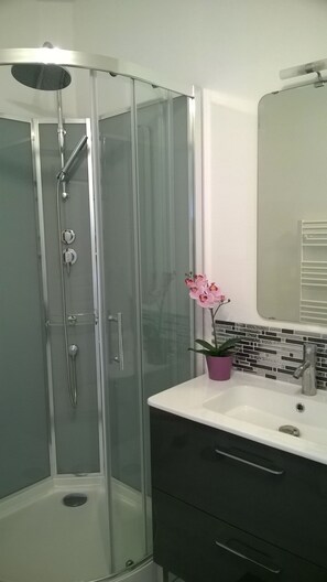 Douche, sèche-cheveux, serviettes fournies, savon