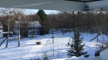 A snowy outdoor scene with bare trees and a clear sky.
