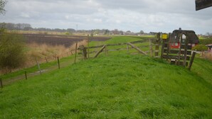 A rural landscape with a wooden fence, a thatched-roof house, and open fields.
