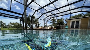 A clear indoor swimming pool with a glass ceiling, surrounded by palm trees and a view of a residential area. - Large private saltwater pool with dock, GoM access (Cape Coral)