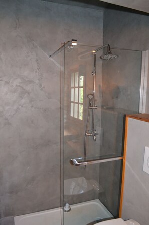 Shower, hair dryer, towels, soap