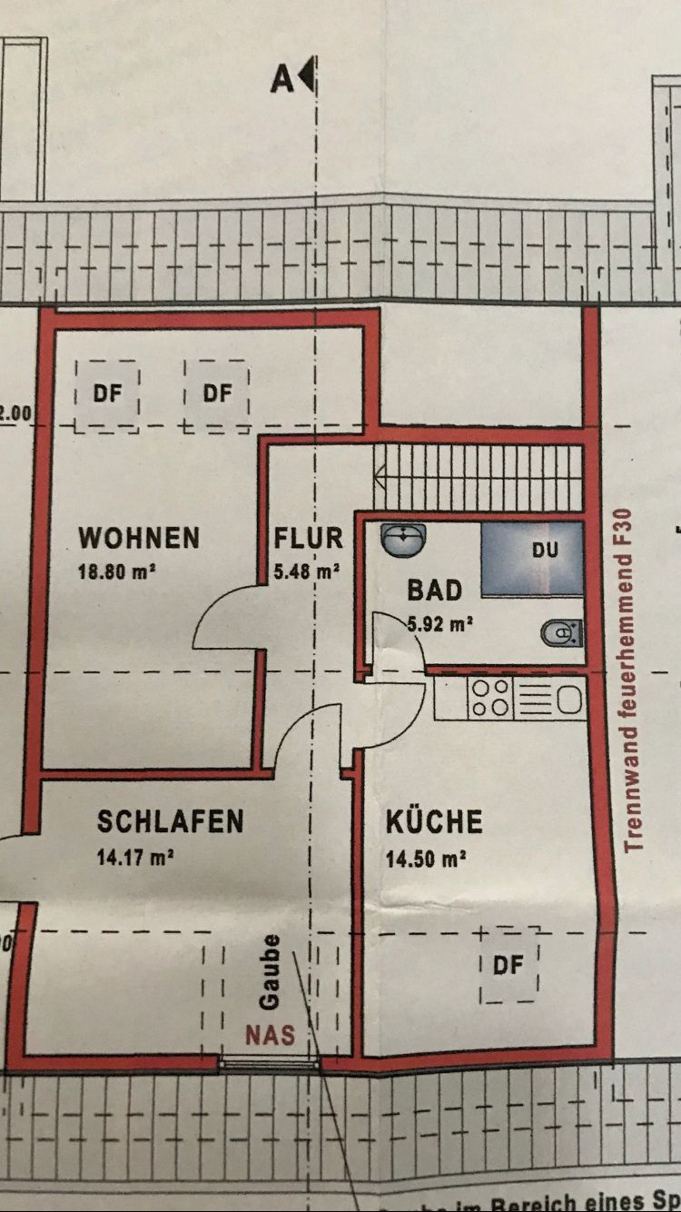 Grundriss eines Hotels mit beschrifteten Räumen und deren Größen: Wohnbereich (18,80 m²), Schlafbereich (14,17 m²), Küche (14,50 m²) und Badezimmer (5,92 m²).