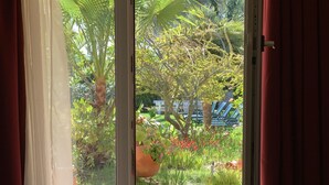 Uitzicht door een glazen deur op een buitengebied met een verhard terras, een palmboom en een tuin met rode bloemen.
