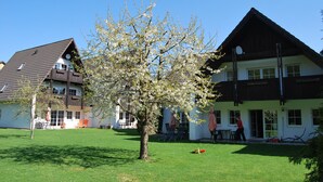 A residential area with a large tree in the foreground, a house with a sloped roof, and a clear blue sky. - Vacation for the family. Top apartment**** 2-4 persons, 75sqm, terrace. 2 bedrooms.  (Walkenried / Südharz)