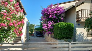 A narrow street with a parked car, a gate, and buildings with balconies and flowering plants.