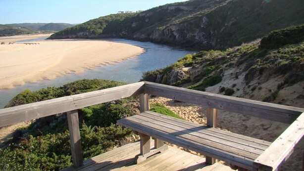 Une terrasse en bois donnant sur une plage de sable fin, avec une falaise rocheuse en arrière-plan.
