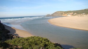 Un paysage côtier caractérisé par une plage de sable, des falaises rocheuses et une végétation luxuriante.