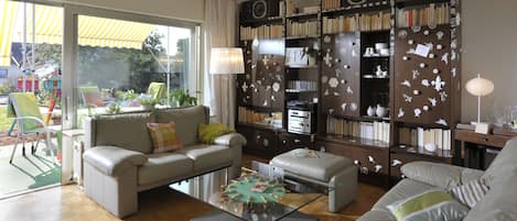 Smart TV, DVD player, books, music library