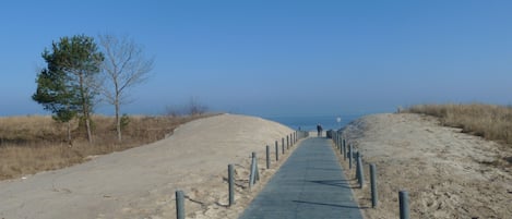 Vlak bij het strand, ligstoelen aan het strand