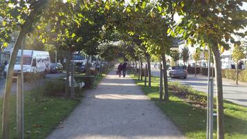 Un sentier bordé d’arbres, avec un chemin de gravier, des véhicules garés et un cycliste aperçu au loin.