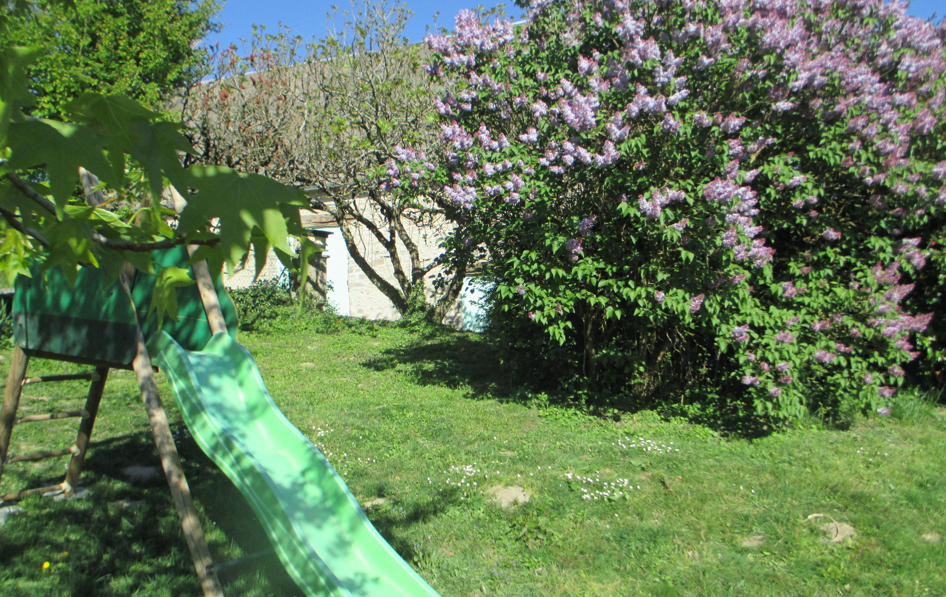 Un toboggan vert dans un espace herbeux, avec des fleurs violettes en pleine floraison et des arbres en arrière-plan.