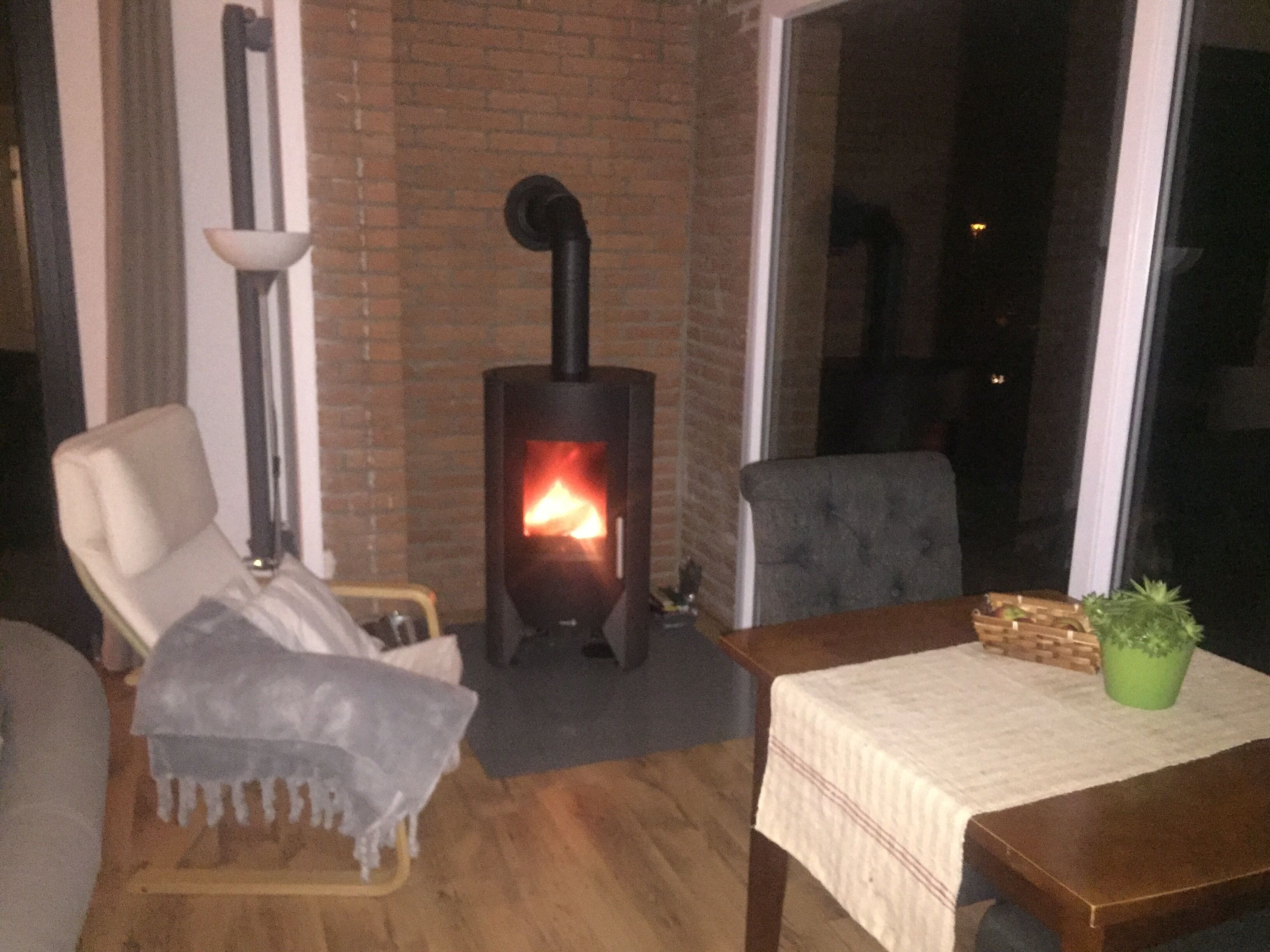 Una habitación acogedora con chimenea de ladrillo, un sillón cómodo, una mesa con una planta verde y una lámpara.